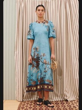 ALEMAIS Georgie Midi Dress Linen vintage flower printed blue women